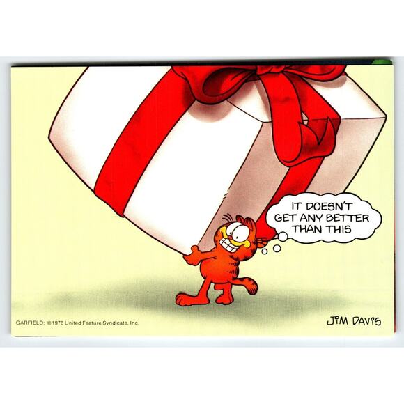 Garfield Christmas Postcard Giant Gift Box Jim Davis Comic Orange Tabby Cat 1978 - Picture 1 of 2